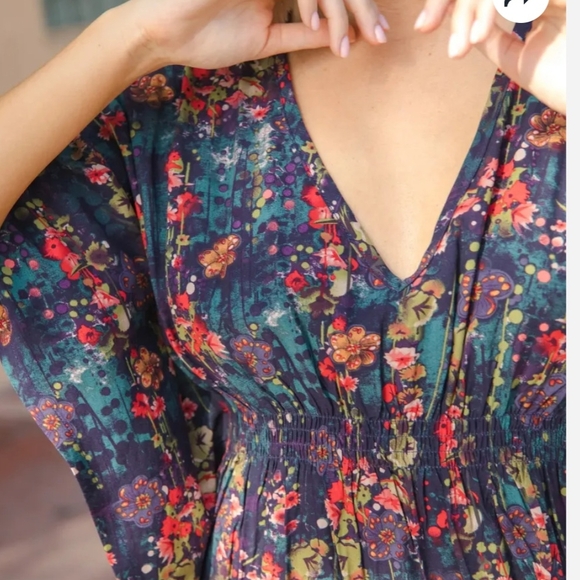 Natural LIFE Sanibel Kaftan Mini Dress, Watercolor Indigo Floral, Size MEDIUM - Picture 3 of 7